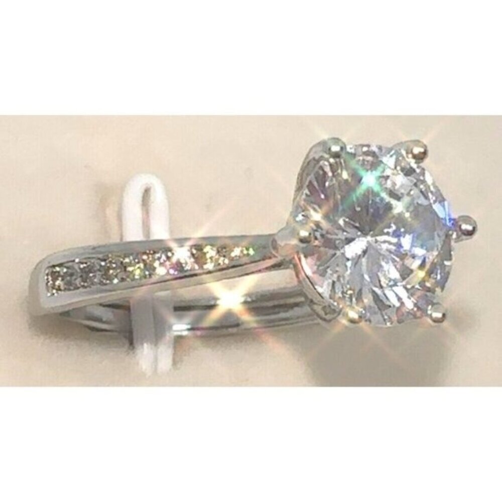 Silver Wedding Ring Adjustable Six-Prong Diamond Simulant Sparkling Elegance New - Picture 3 of 5